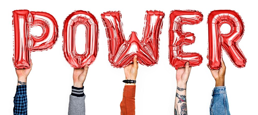 Red balloon letters forming the word power