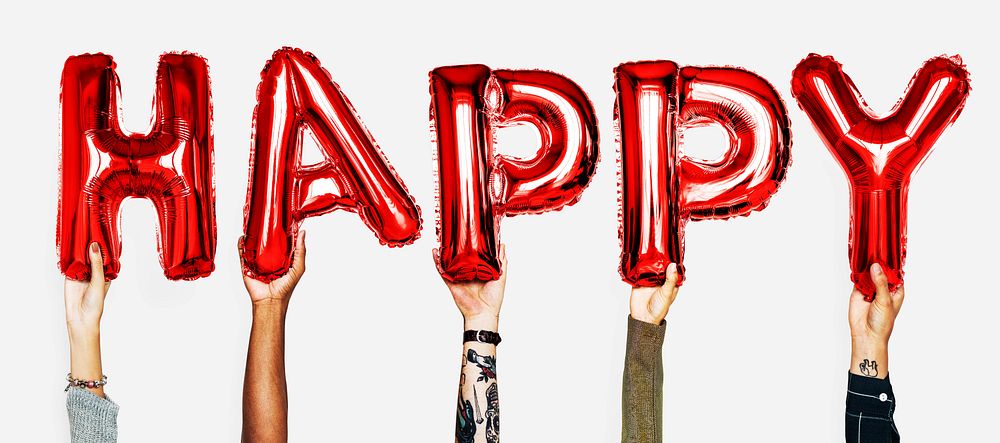 Hands showing happy balloons word
