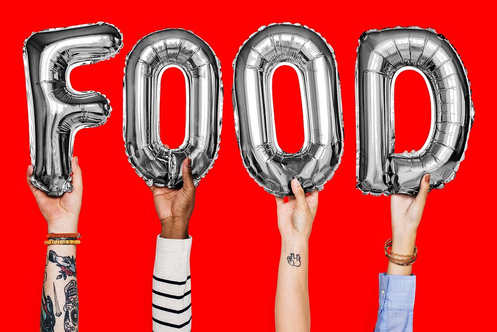 Hands showing food balloons word