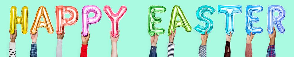Hands holding Happy Easter word in balloon letters