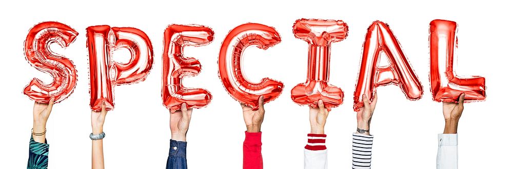 Red alphabet balloons forming the word special