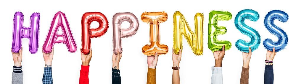 Colorful alphabet balloons forming the word happiness