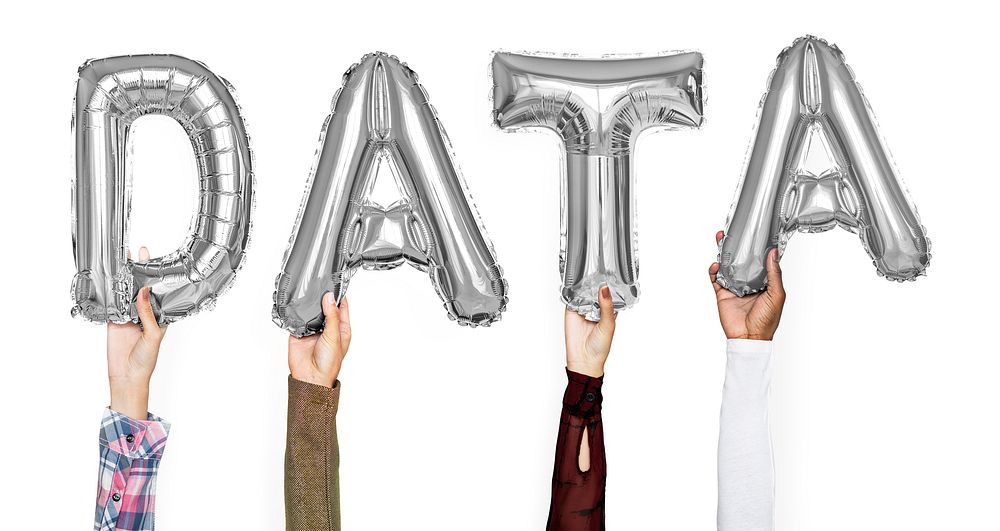 Gray balloon letters forming the word data