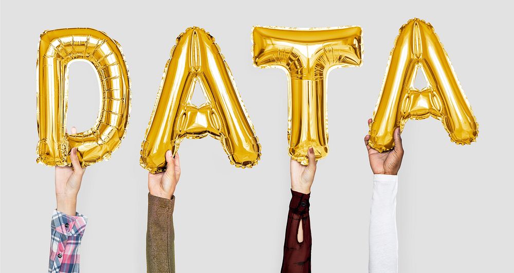 Golden balloon letters forming the word data