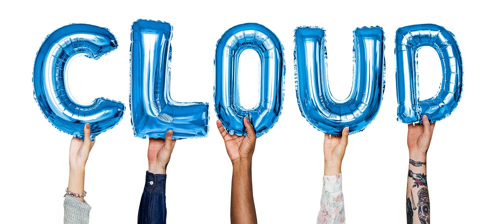 Hands showing cloud balloons word