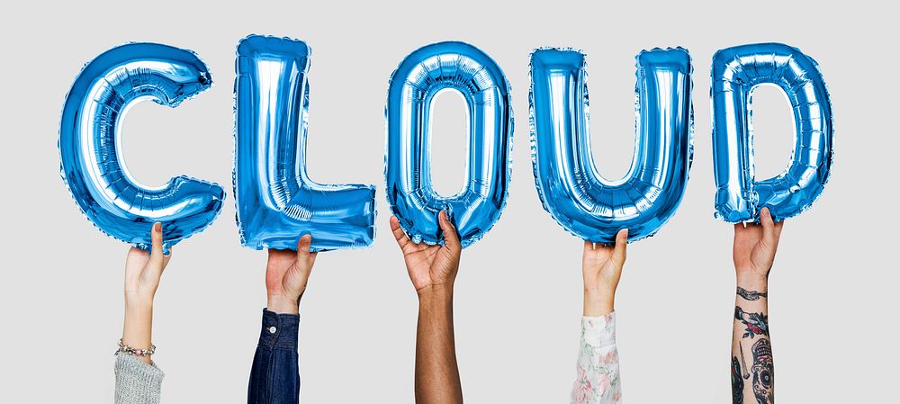 Hands showing cloud balloons word