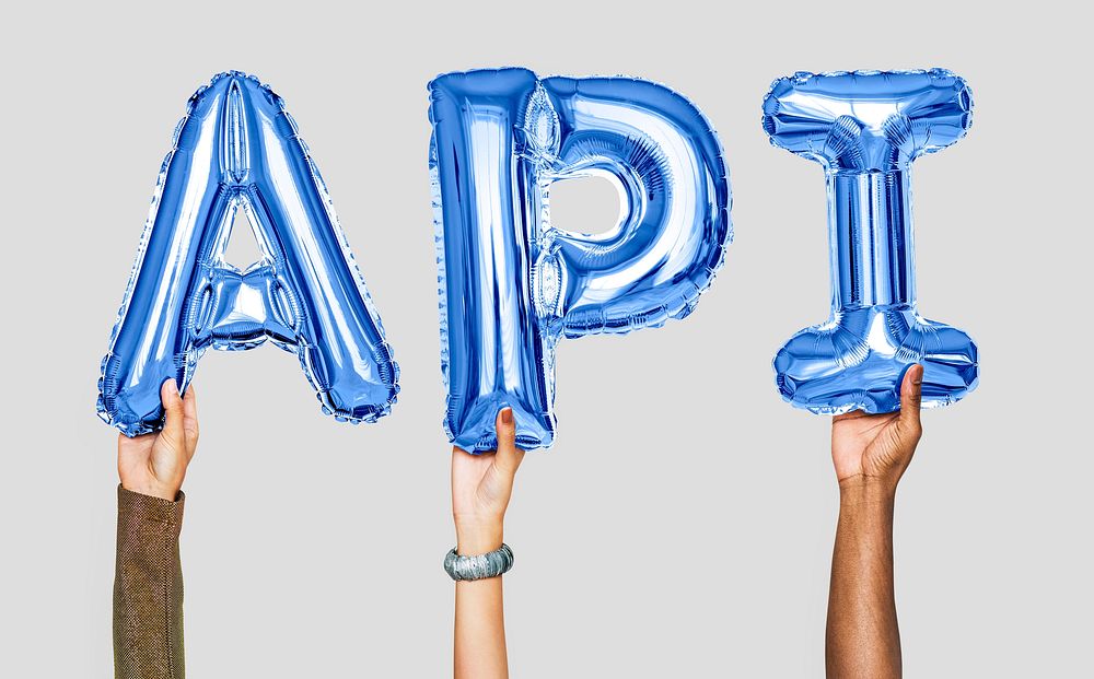 Hands holding API word in balloon letters