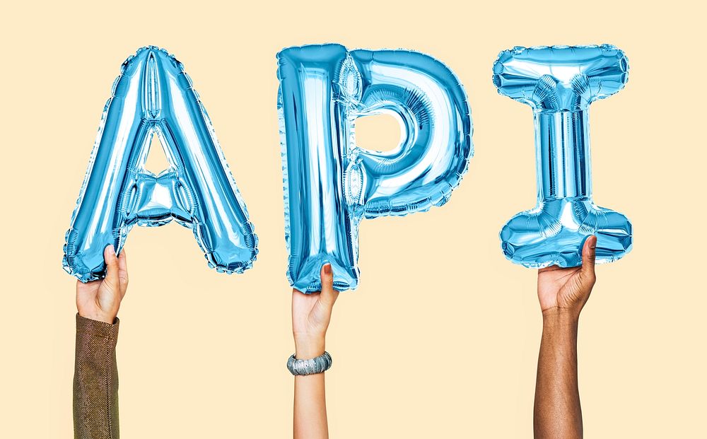 Hands holding API word in balloon letters