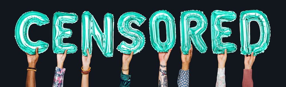Hands holding censored word in balloon letters
