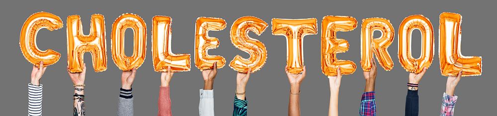 Hands holding cholesterol word in balloon letters