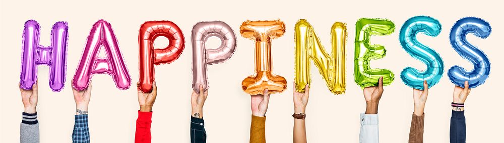 Colorful alphabet balloons forming the word happiness