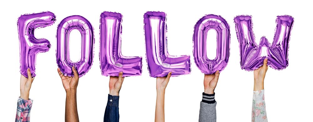 Hands showing follow balloons word