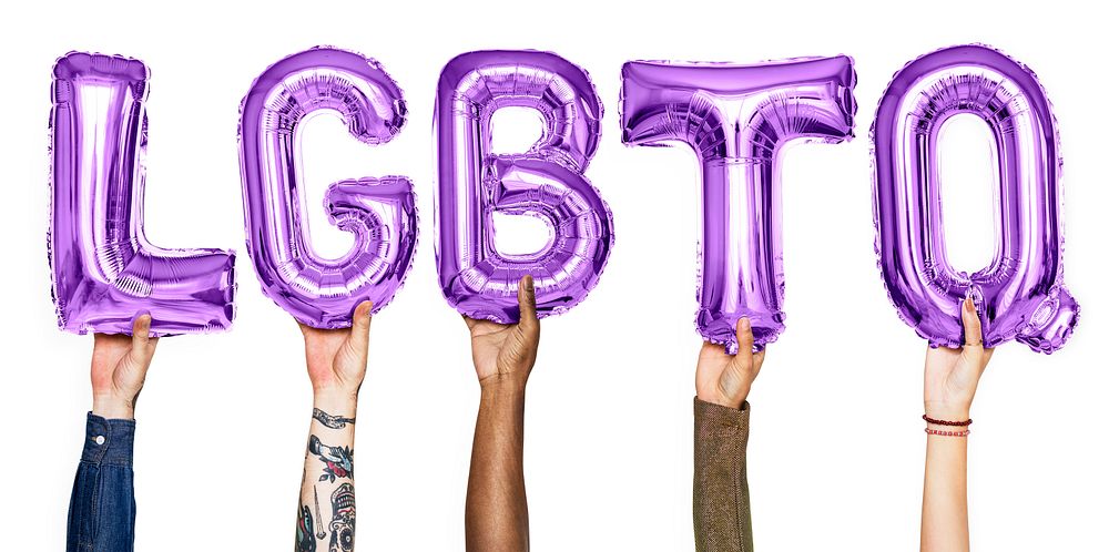 Purple alphabet balloons forming the word LGBTQ