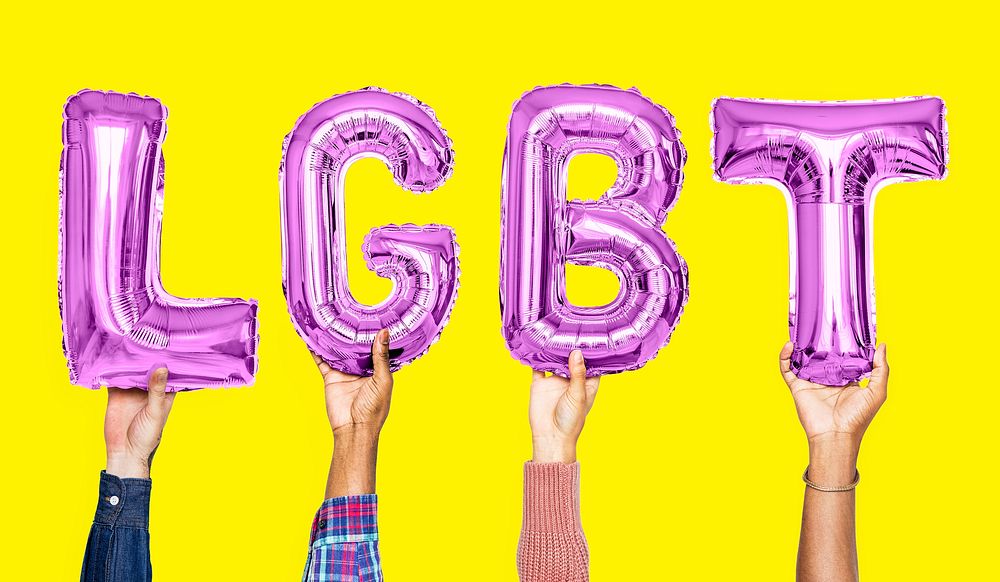 Purple alphabet balloons forming the word LGBT
