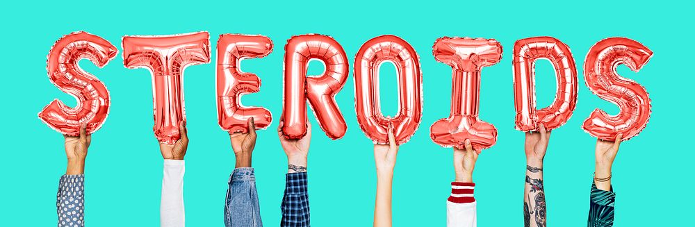 Hands holding steroids word in balloon letters