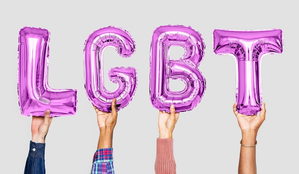 Purple alphabet balloons forming the word LGBT