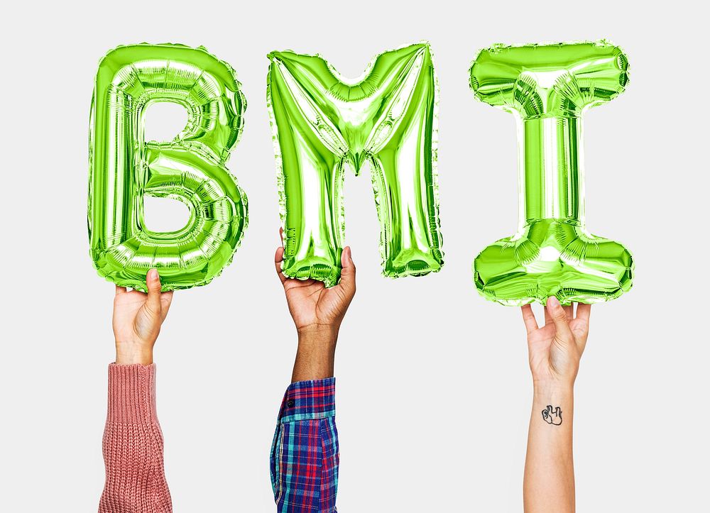 Hands holding BMI word in balloon letters