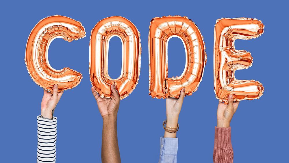Hands holding code word in balloon letters
