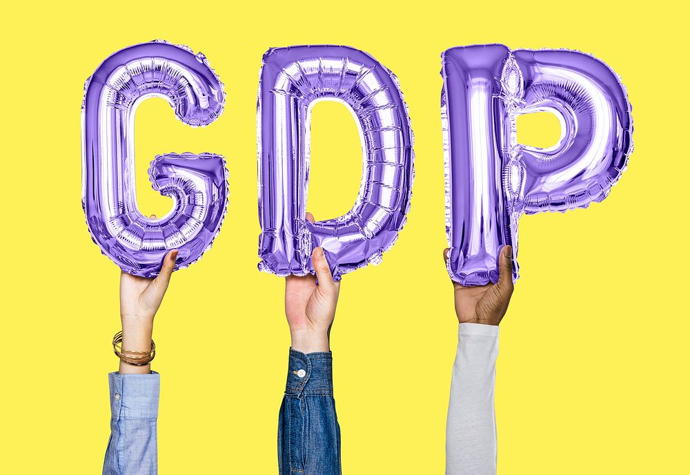 Hands holding GDP word in balloon letters