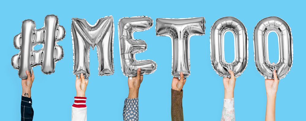 Silver gray alphabet balloons forming the word #metoo