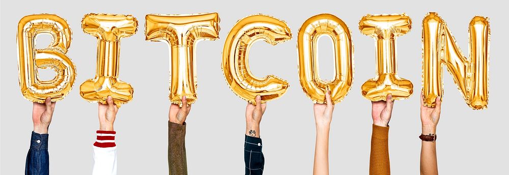 Hands holding balloons spelling Bitcoin