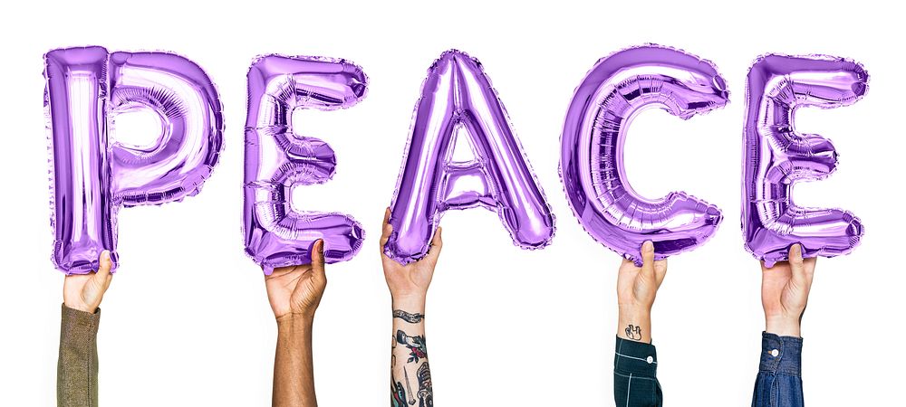 Purple alphabet balloons forming the word peace