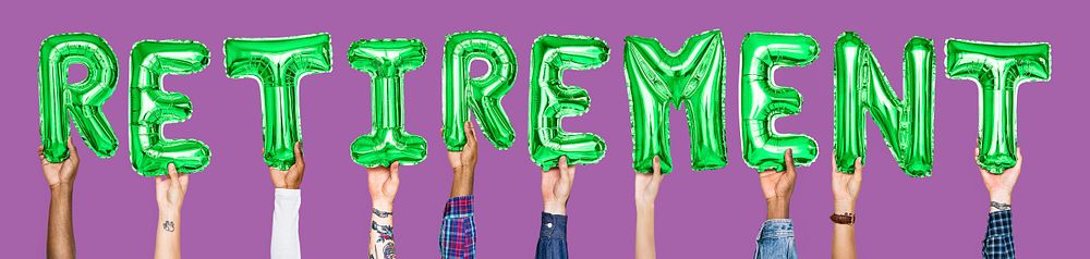 Green alphabet balloons forming the word retirement