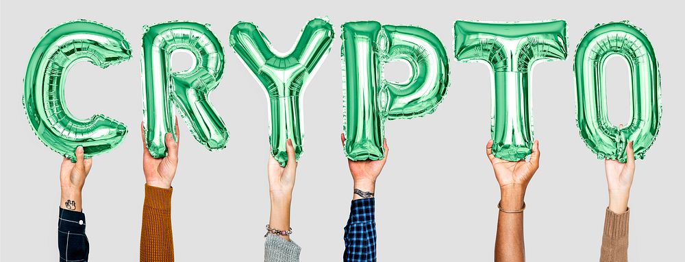 Hands holding balloons spelling Crypto