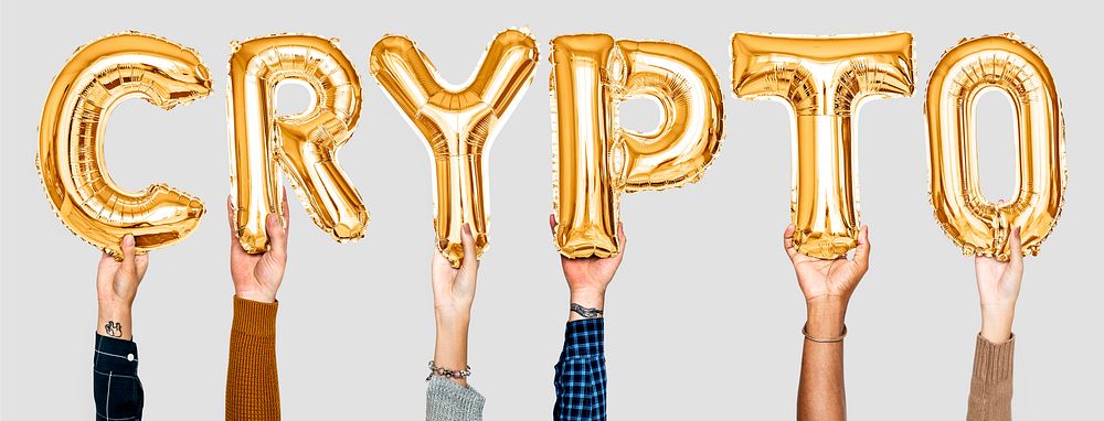 Hands holding balloons spelling Crypto