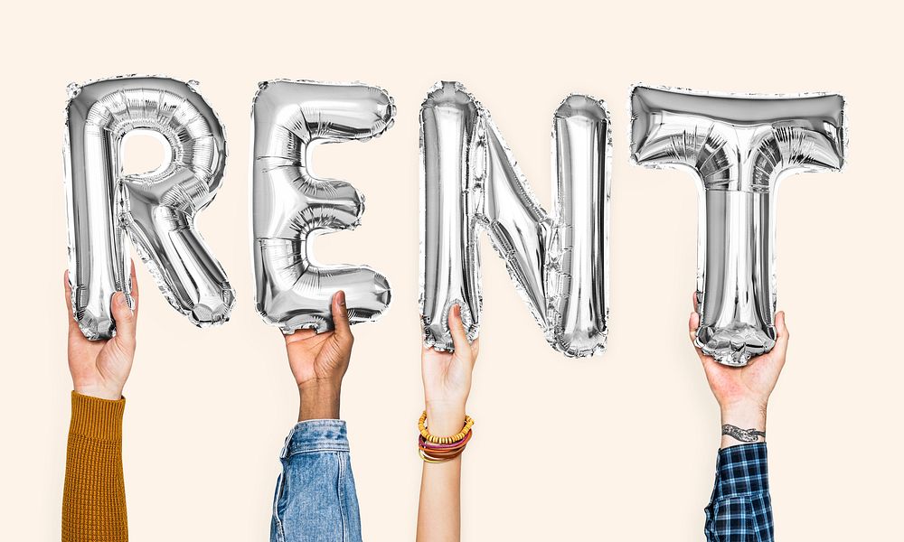 Silver gray alphabet balloons forming the word rent