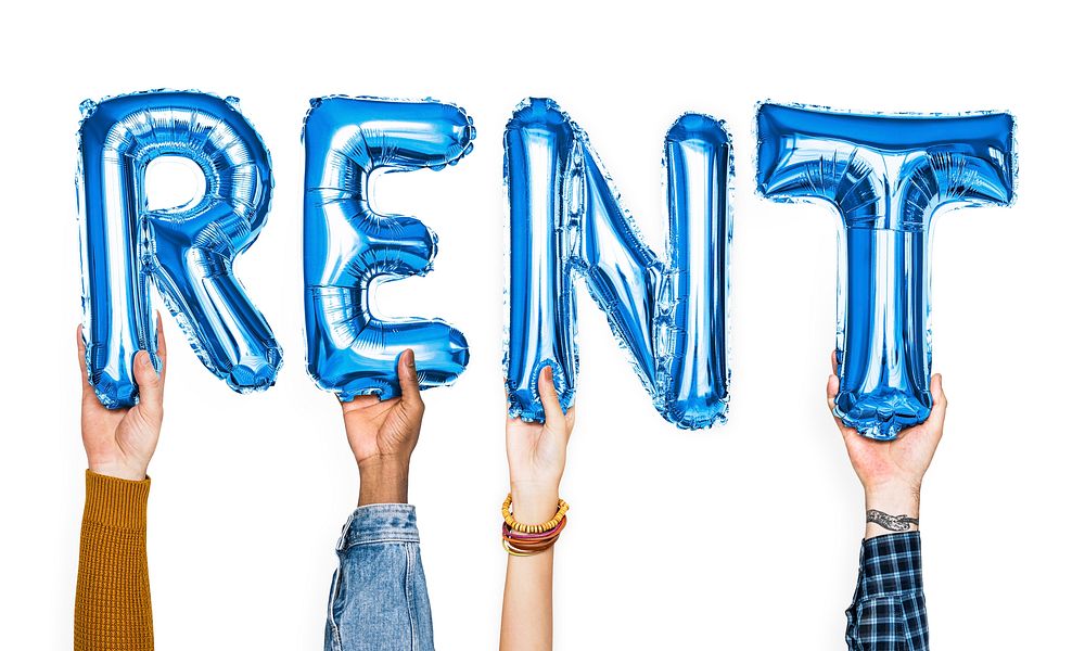 Blue alphabet balloons forming the word rent