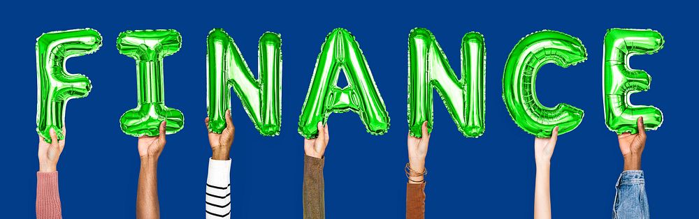 Green balloon letters forming the word finance