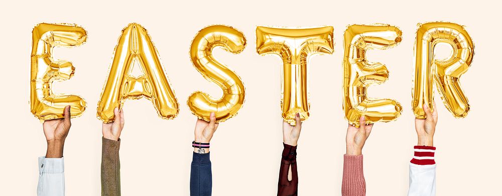 Hands holding balloons spelling the word Easter