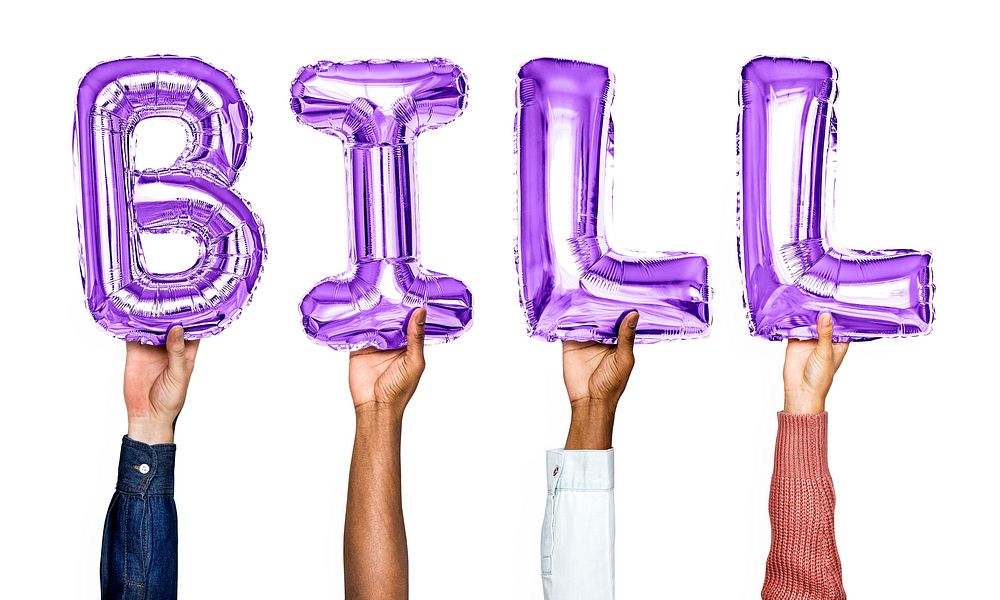 Purple balloon letters forming the word bill