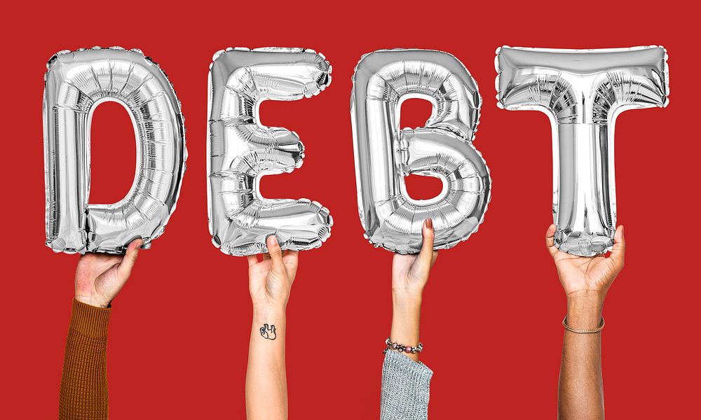 Gray balloon letters forming the word debt