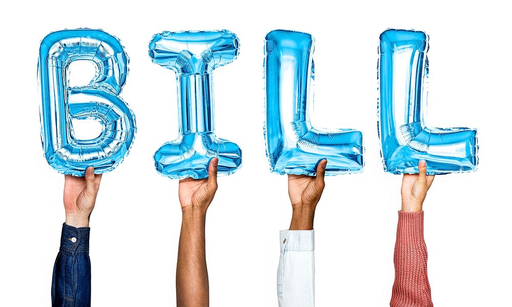 Blue balloon letters forming the word bill