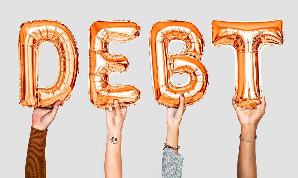 Orange balloon letters forming the word debt