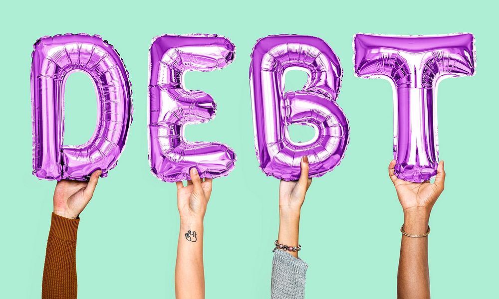 Purple balloon letters forming the word debt