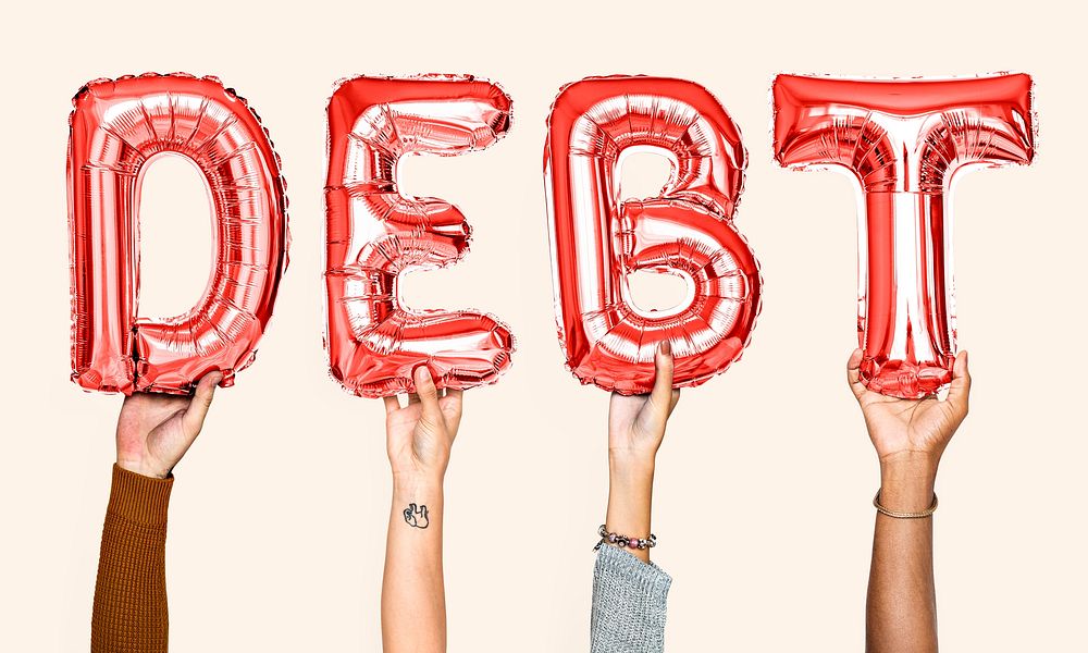 Red balloon letters forming the word debt
