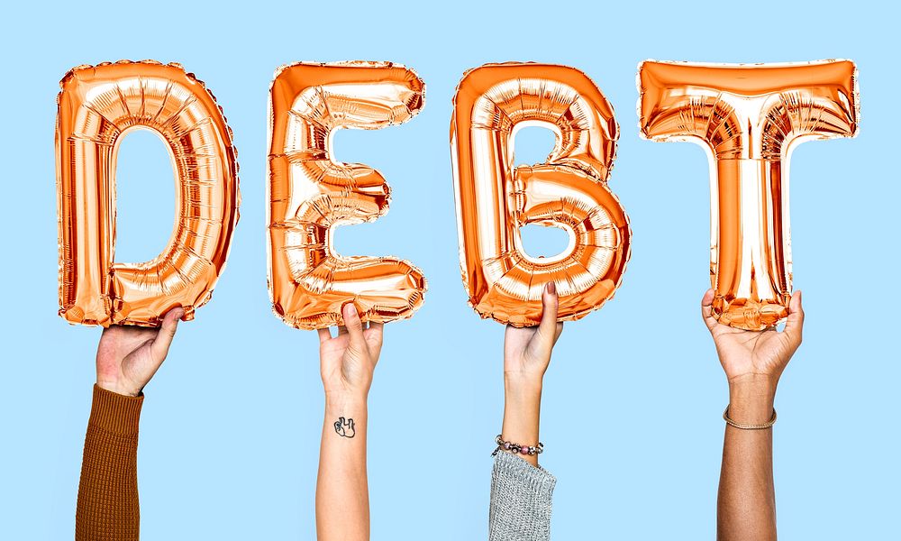 Orange balloon letters forming the word debt
