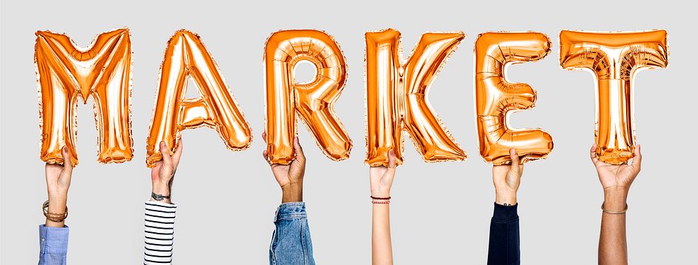 Orange balloon letters forming the word market
