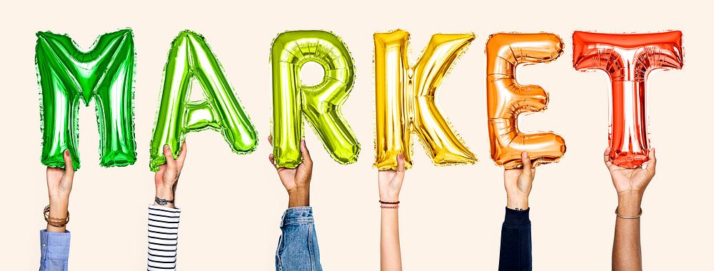 Colorful balloon letters forming the word market