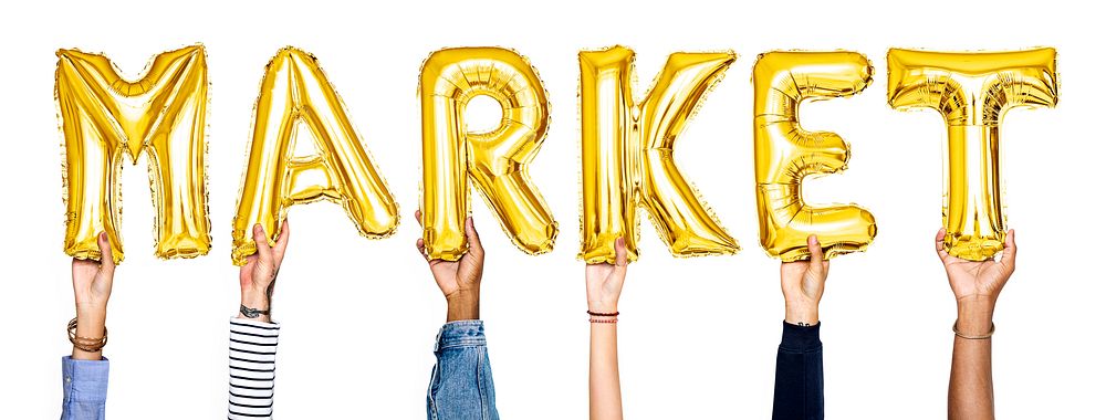 Golden balloon letters forming the word market