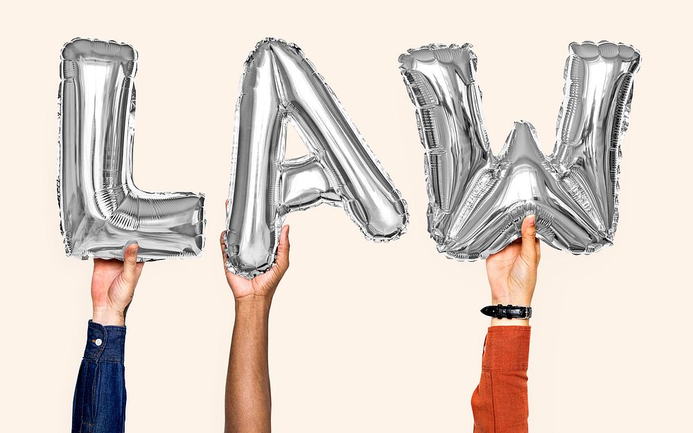 Gray balloon letters forming the word law