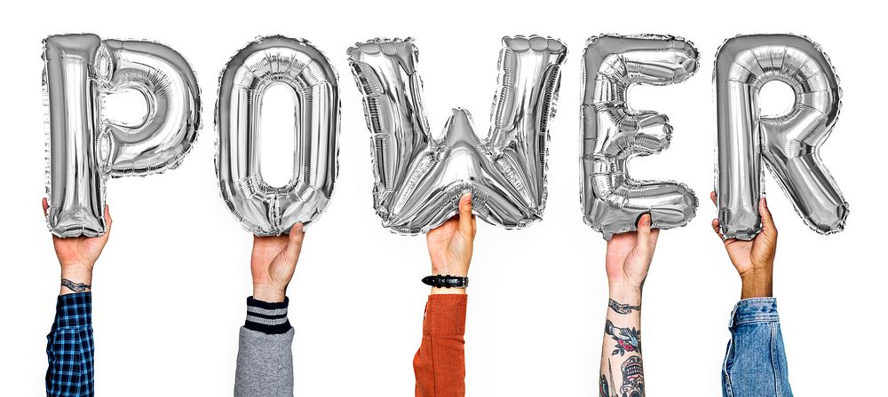Gray balloon letters forming the word power