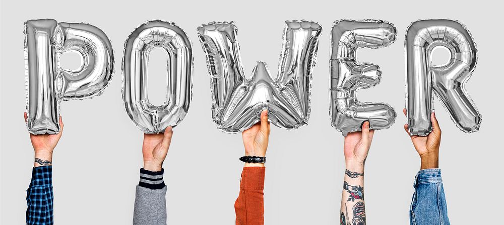 Gray balloon letters forming the word power