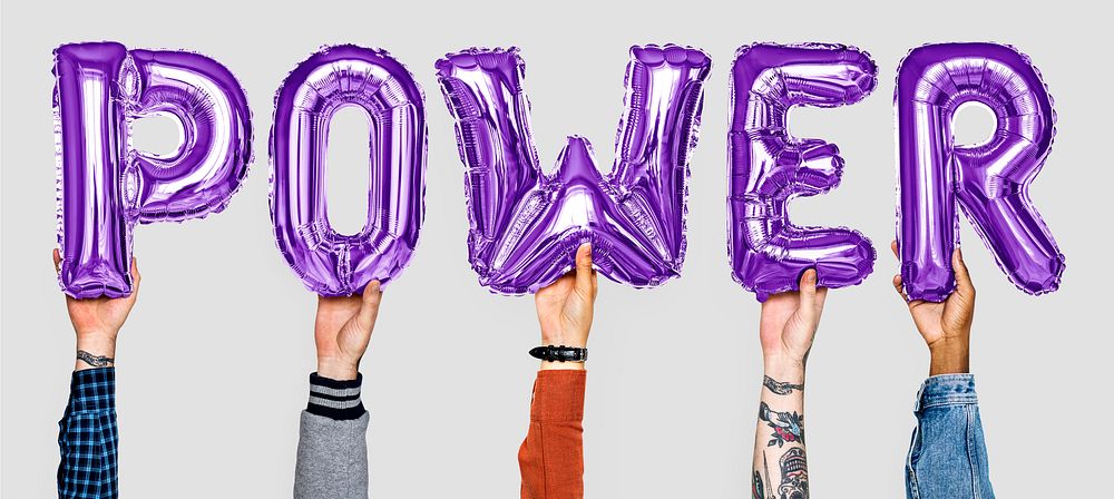 Purple balloon letters forming the word power