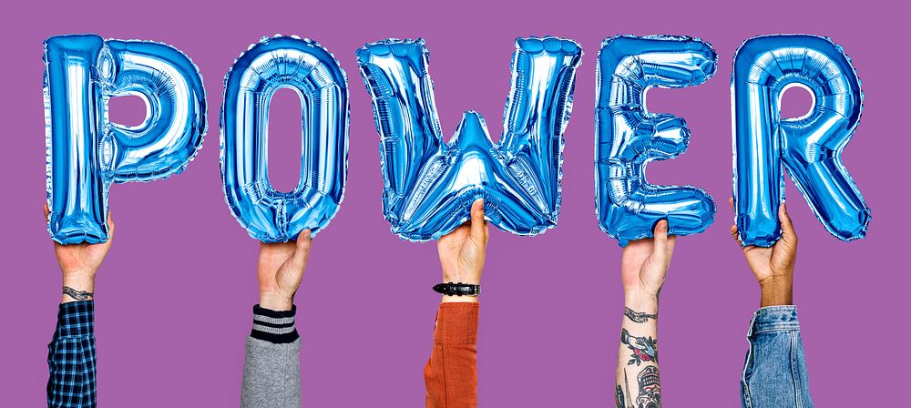 Blue balloon letters forming the word power