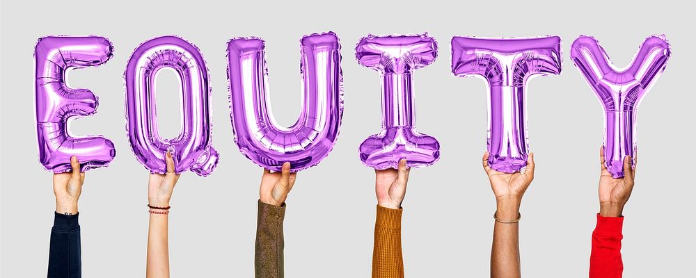 Purple balloon letters forming the word equity