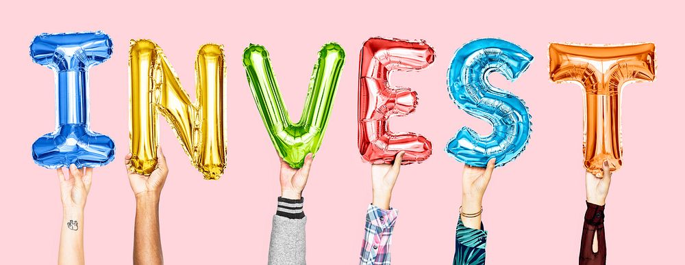 Colorful balloon letters forming the word invest